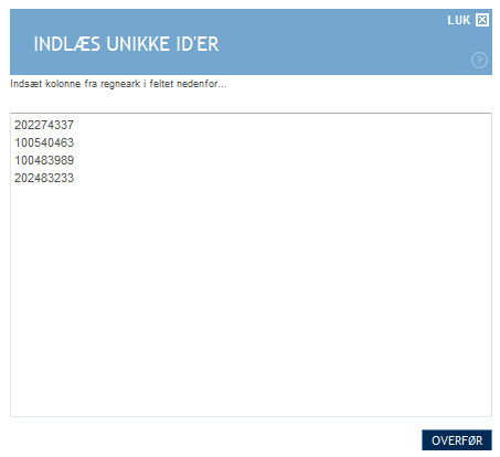 Vindue til at indlæse unikke ID'er