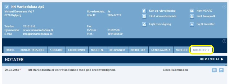 Figur: Eksempel på notat tilknyttet til en virksomhed